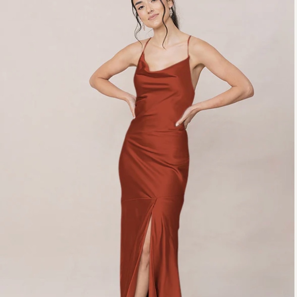 Revelry Rust Red Satin Backless Lace-Up Gown - Picture 2 of 4